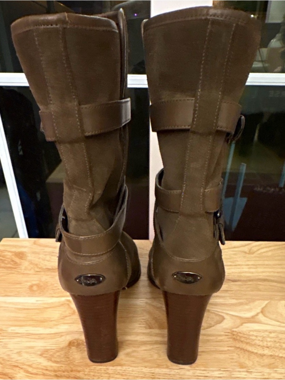 Coach Alexandra Brown Leather heeled boot 9.5 Olive suede